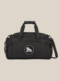 Black FIT APE gym duffle bag with round gorilla logo, front view
