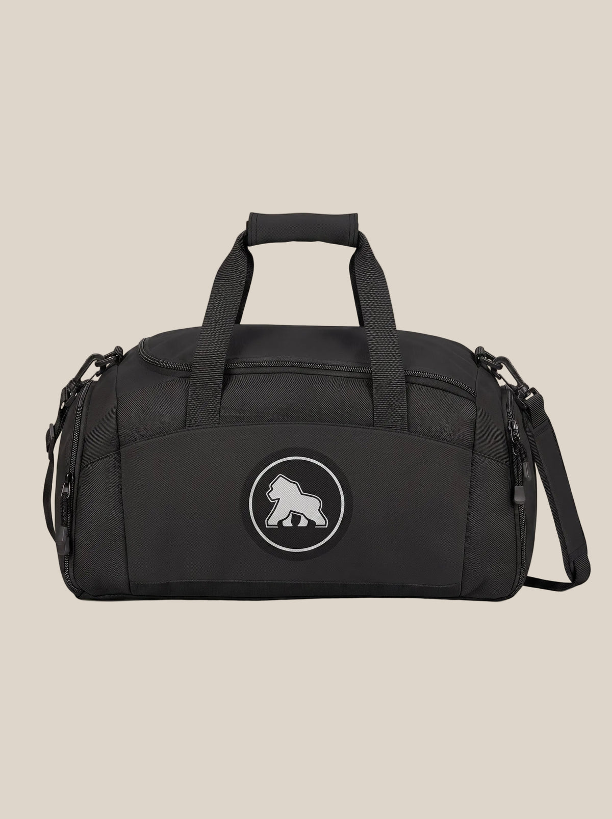 Black FIT APE gym duffle bag with round gorilla logo, front view