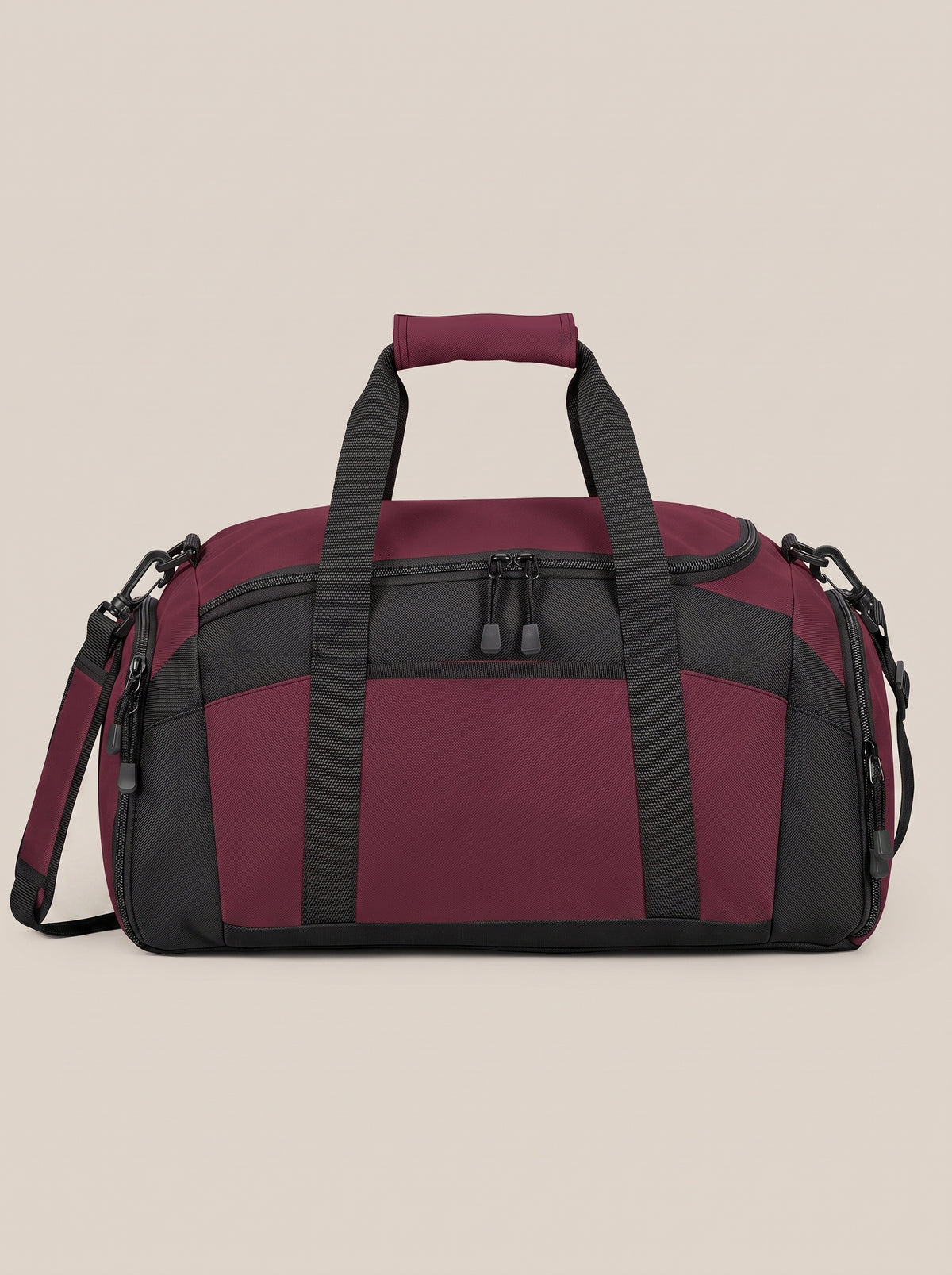 Burgundy and black FIT APE gym duffle bag, back view showing handles and shoulder strap