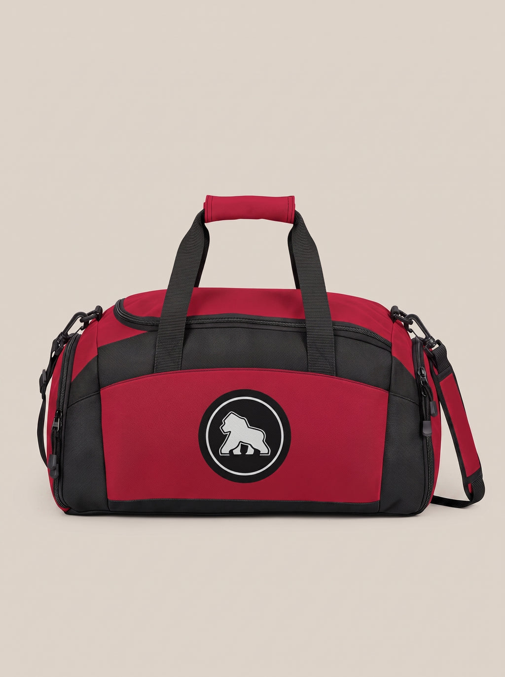 Red and black FIT APE gym duffle bag with round gorilla logo, front view