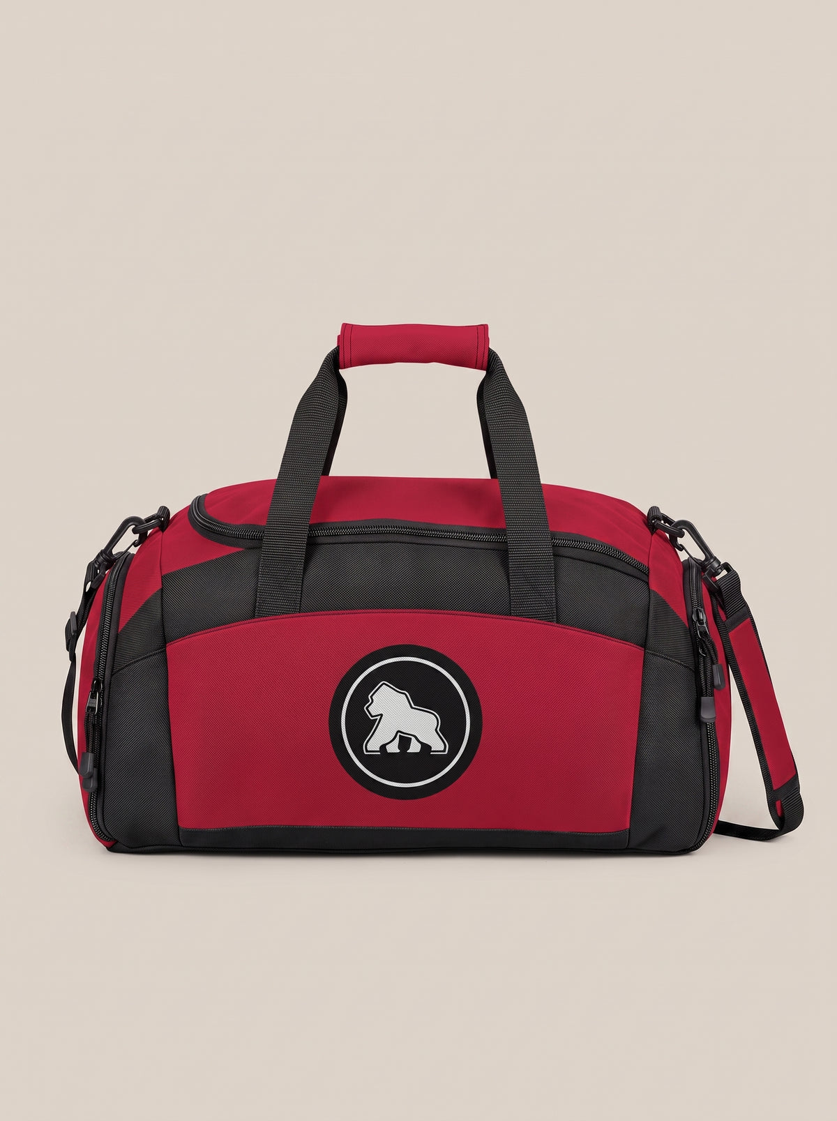 Red and black FIT APE gym duffle bag with round gorilla logo, front view