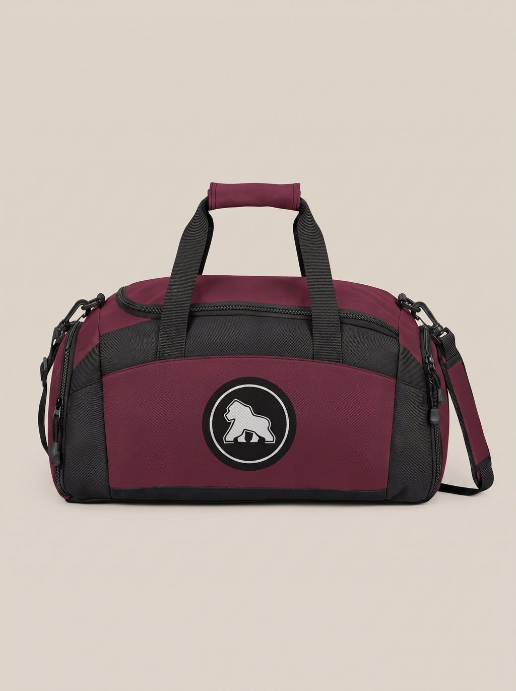 Burgundy and black FIT APE gym duffle bag with round gorilla logo, front view