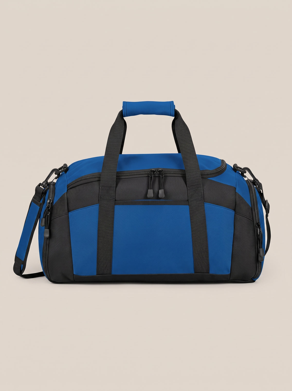 Blue and black FIT APE gym duffle bag, back view showing handles and shoulder strap