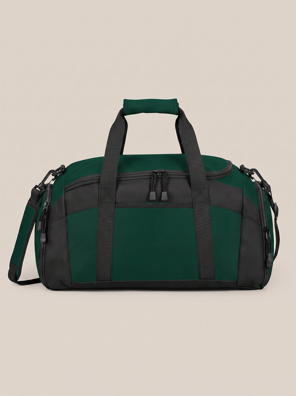 Dark green and black FIT APE gym duffle bag, back view showing handles and shoulder strap