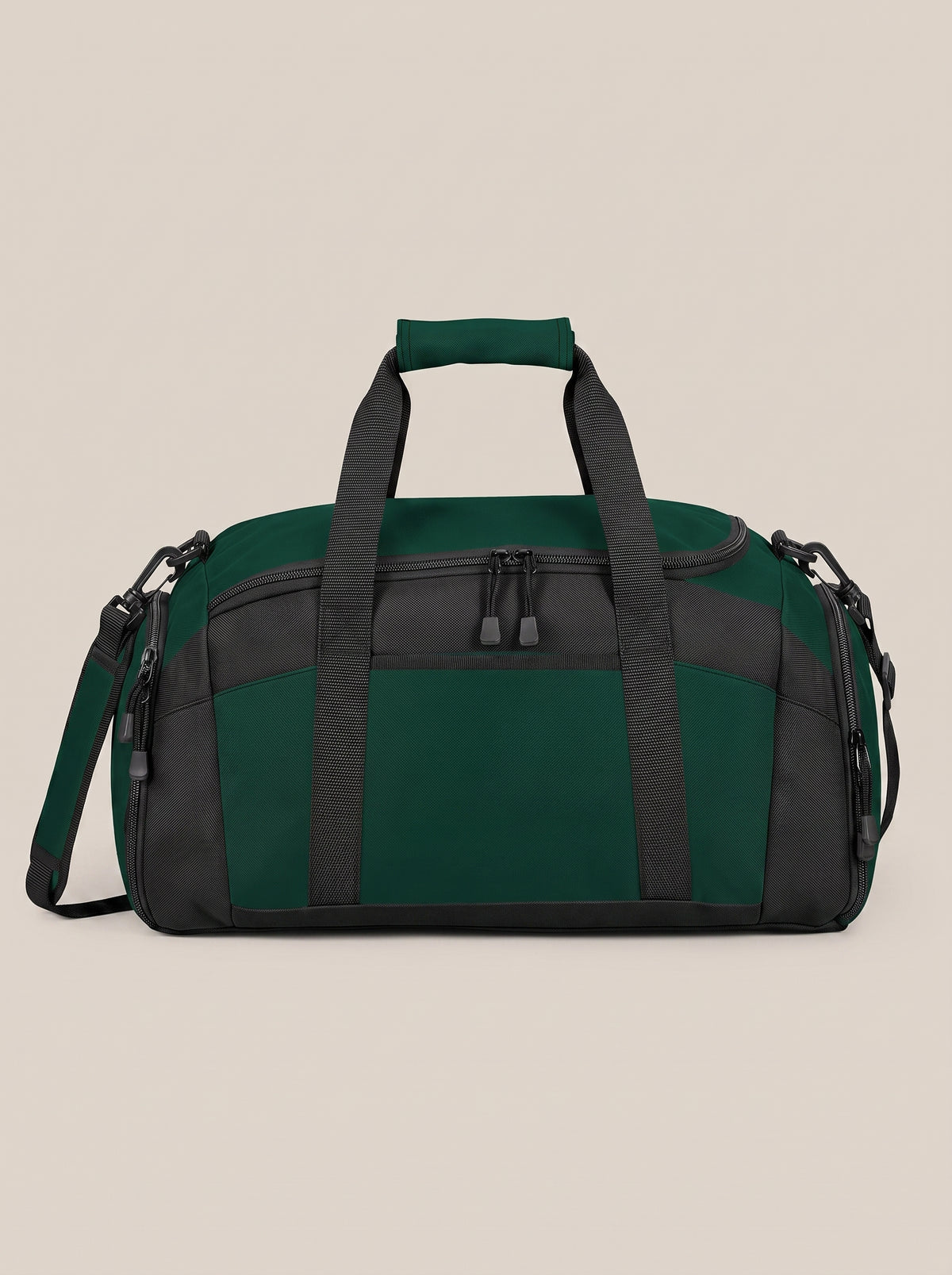 Dark green and black FIT APE gym duffle bag, back view showing handles and shoulder strap
