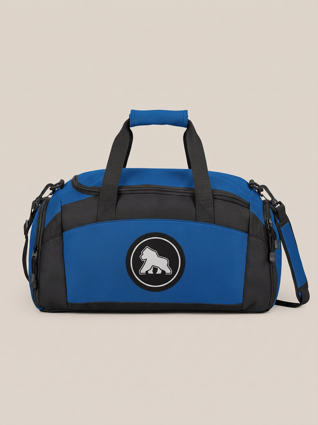 Blue and black FIT APE gym duffle bag with round gorilla logo, front view