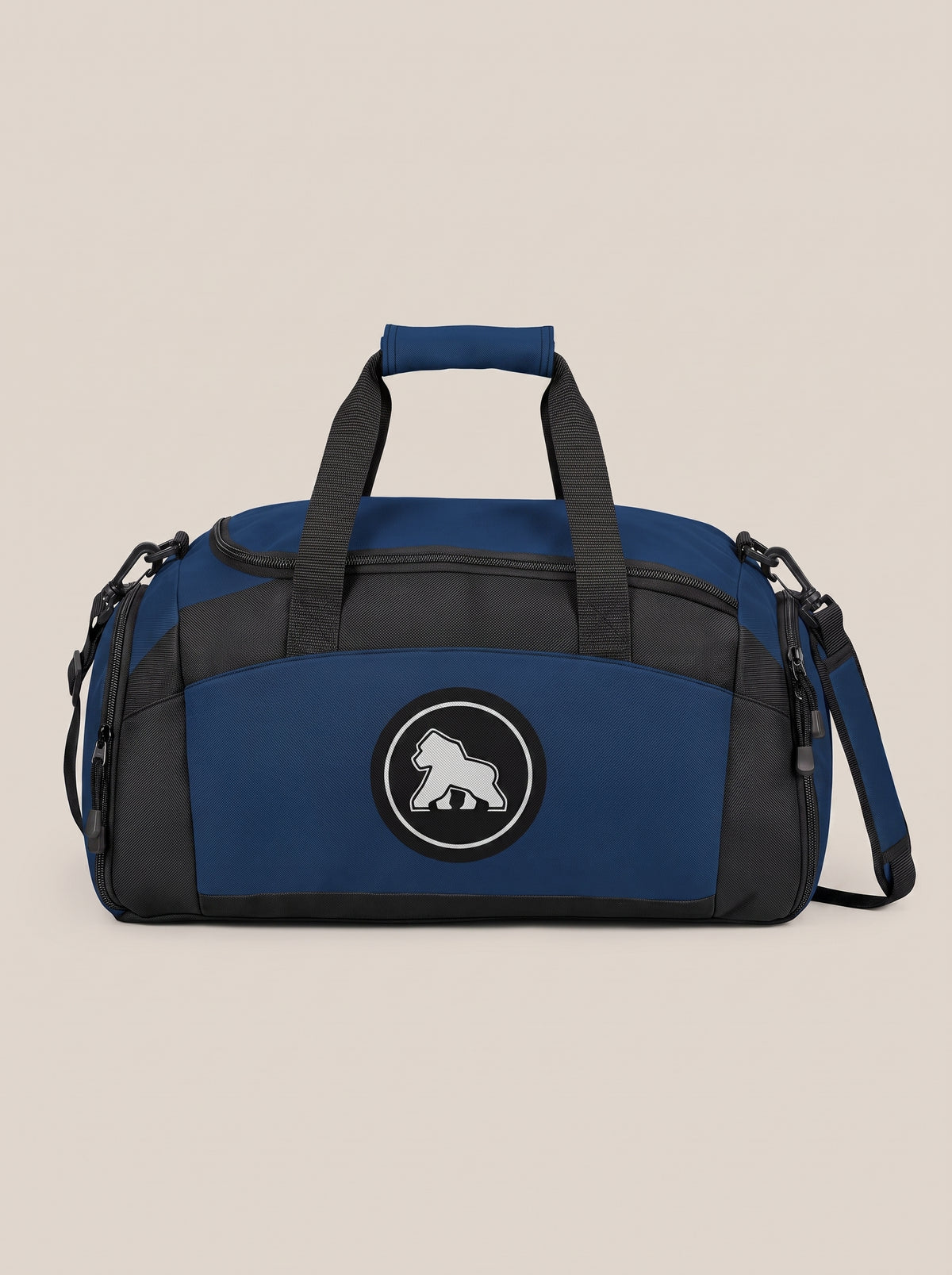 Navy and black FIT APE gym duffle bag with round gorilla logo, front view