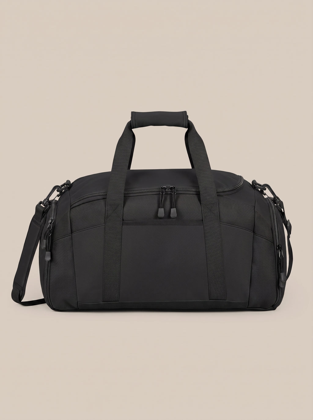 Black FIT APE gym duffle bag, back view showing handles and shoulder strap