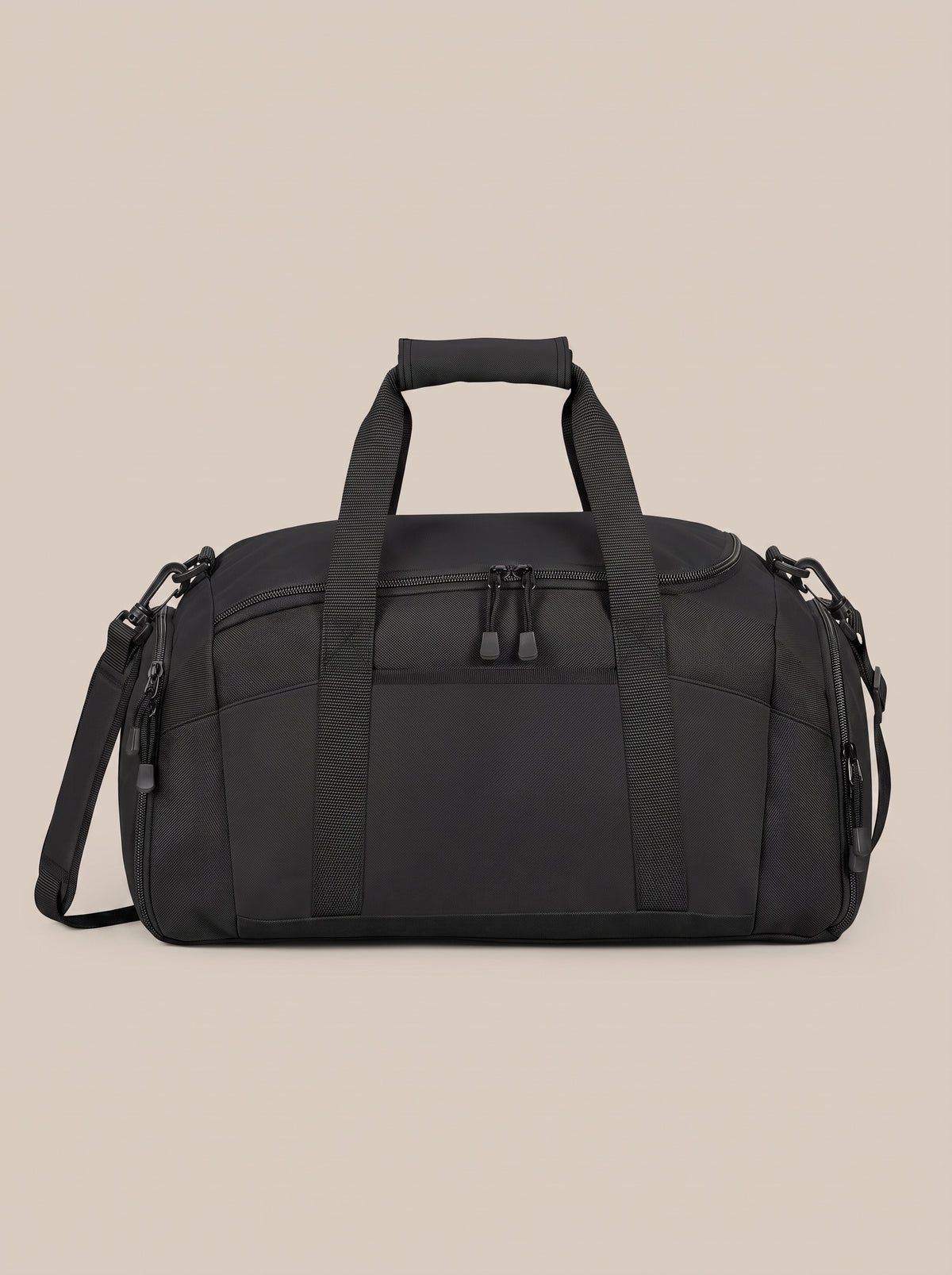 Black FIT APE gym duffle bag, back view showing handles and shoulder strap