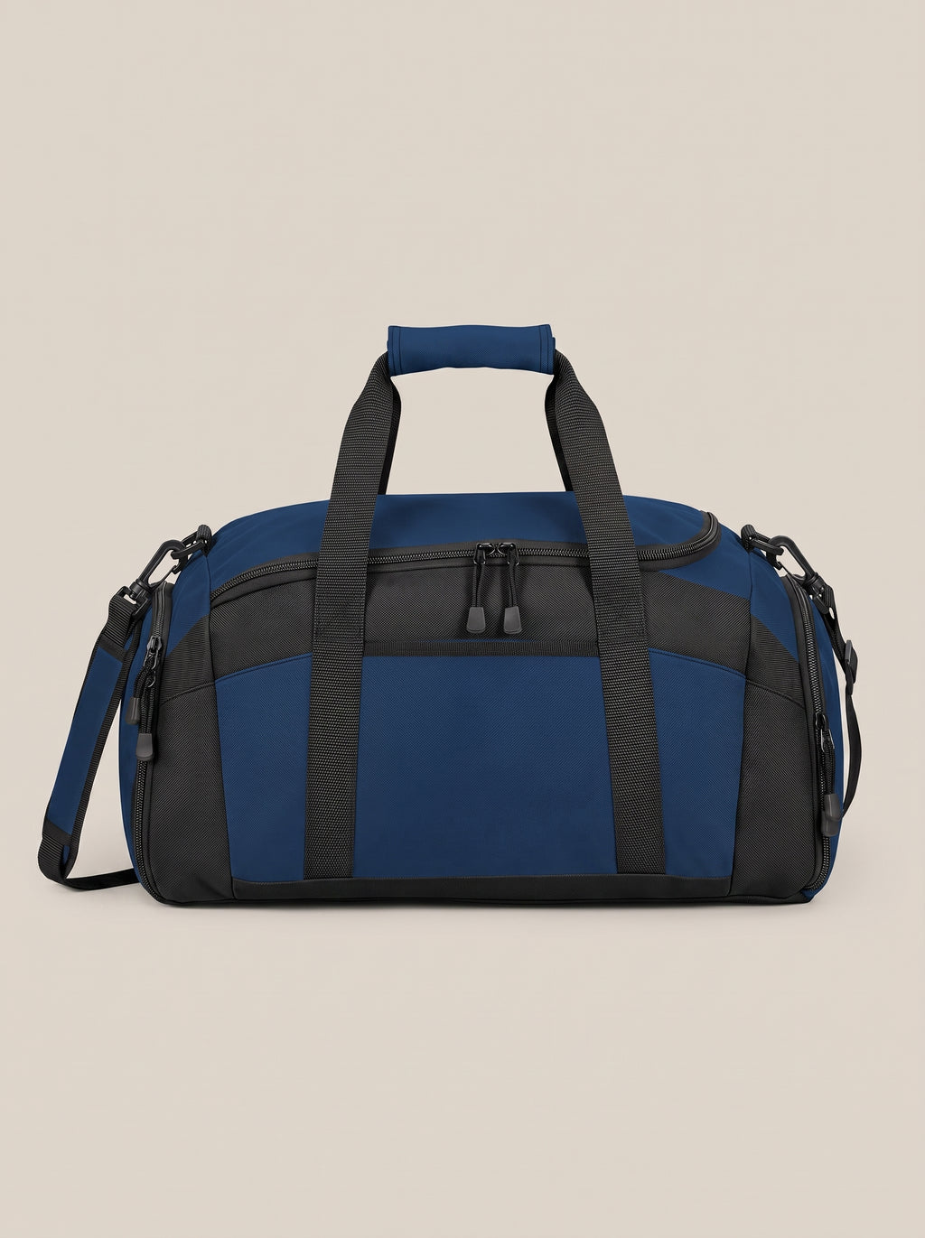 Navy and black FIT APE gym duffle bag, back view showing handles and shoulder strap