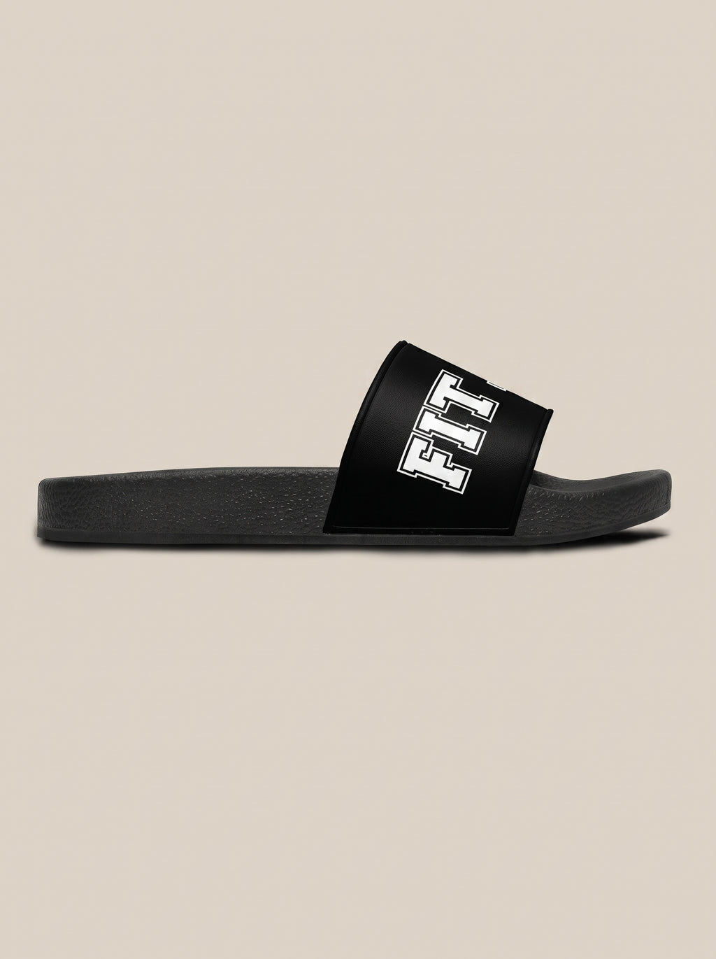 Black women's FIT APE slide, side view showing the flat sole and wide strap
