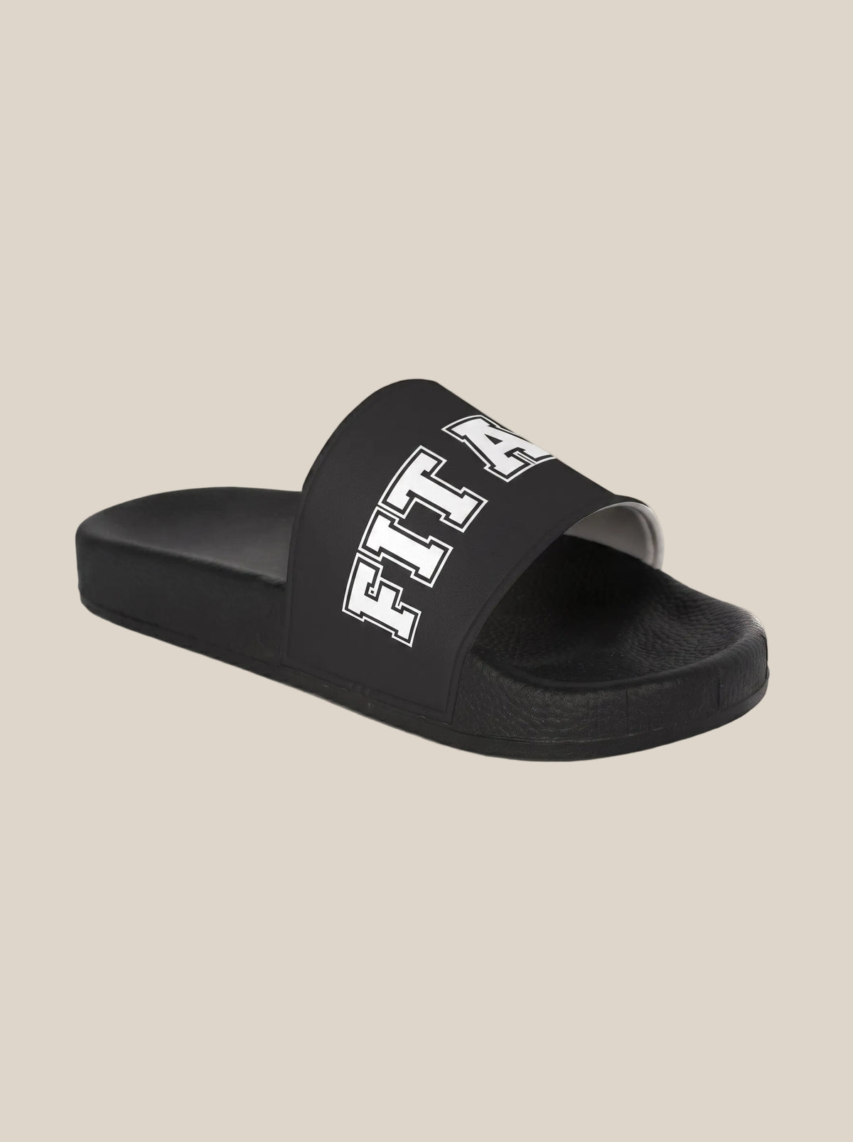 Black women's FIT APE slide with white strap lettering, front three-quarter view