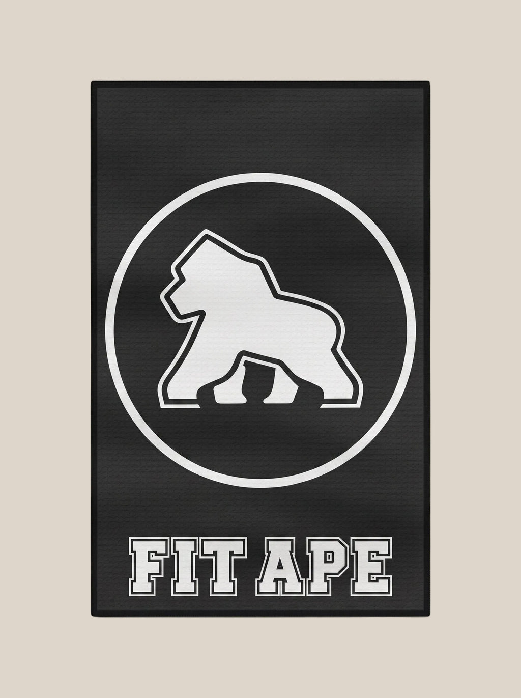 Black FIT APE gym towel with a large white gorilla emblem and lettering, vertical view